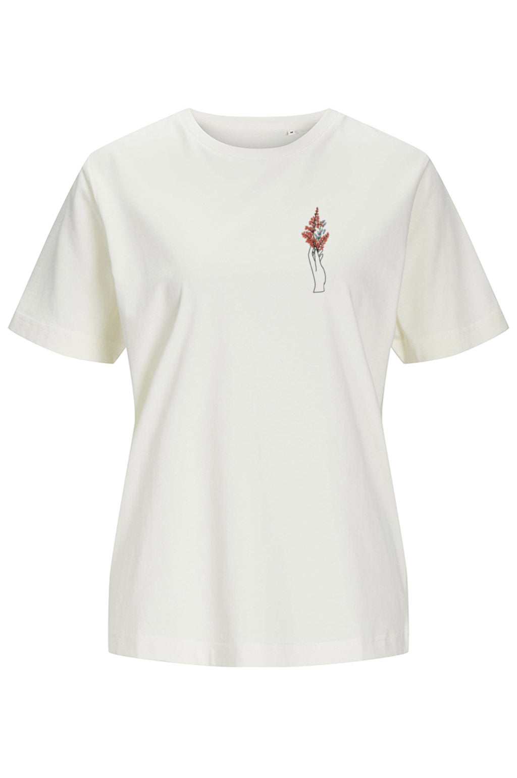 T-Shirt mit Hand und Wildblumen – Brustmotiv Line Art – Bio Baumwolle Shirt für Naturfreunde & Kreative – minimalistisches Damen T-Shirt – Geschenk für Festivalfans