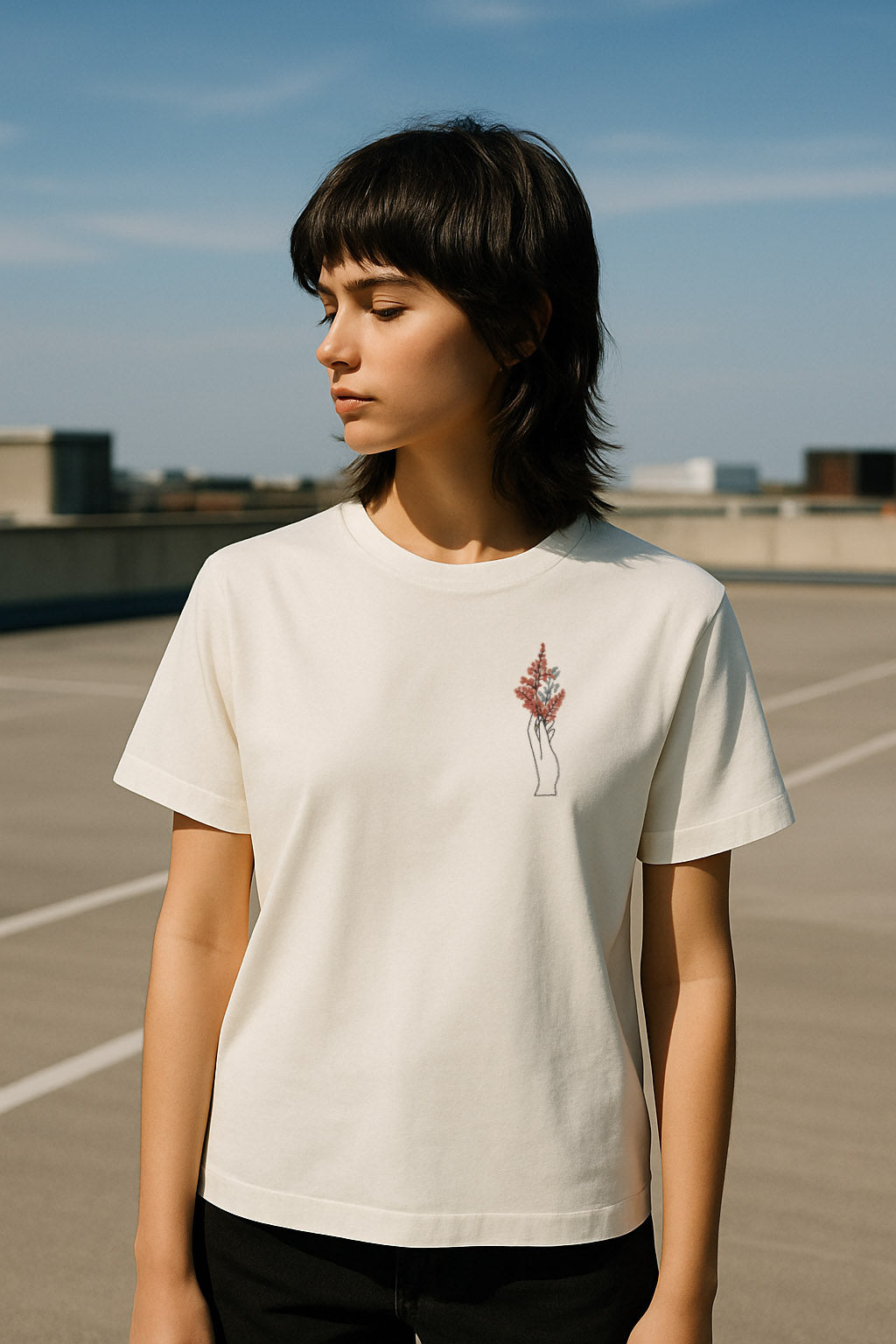 T-Shirt mit Hand und Wildblumen – Brustmotiv Line Art – Bio Baumwolle Shirt für Naturfreunde & Kreative – minimalistisches Damen T-Shirt – Geschenk für Festivalfans