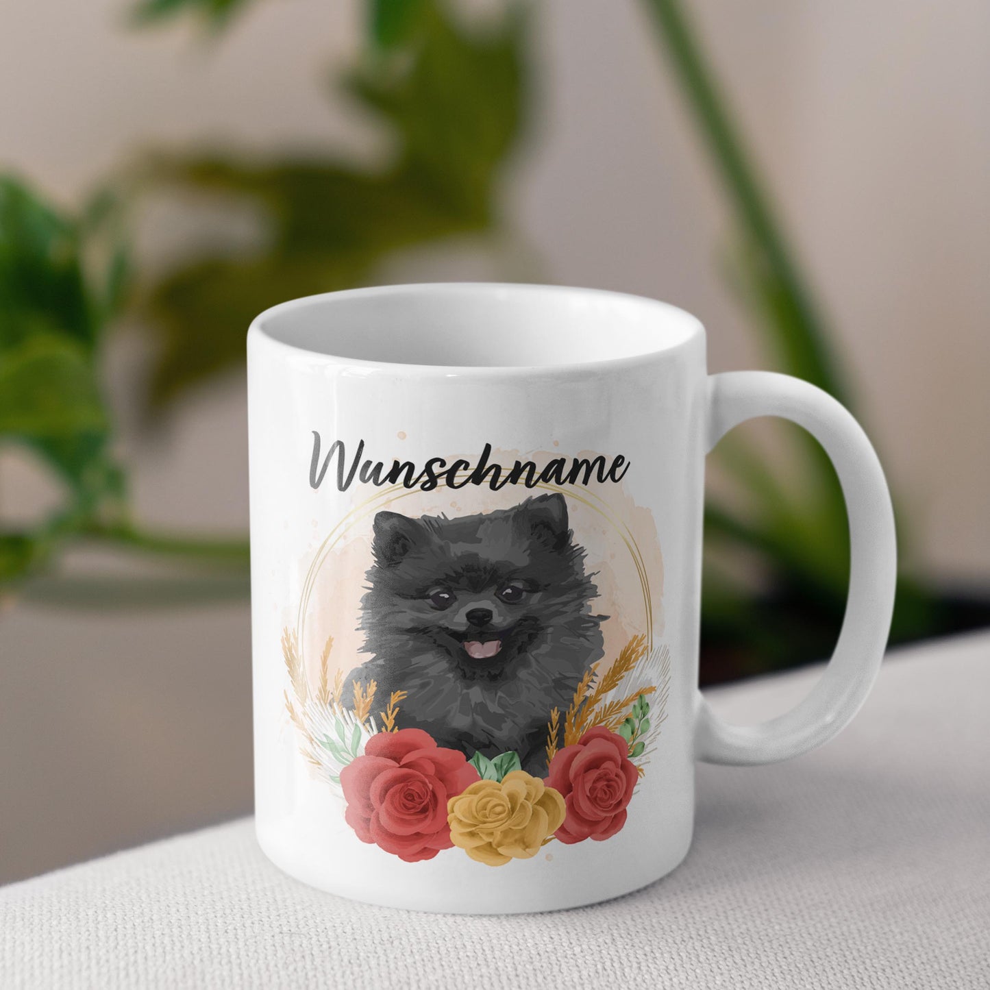 SPENDEN Tasse Personalisiert Spitz / Zwergspitz / MIttelspitz schwarz mit Blumen und Name