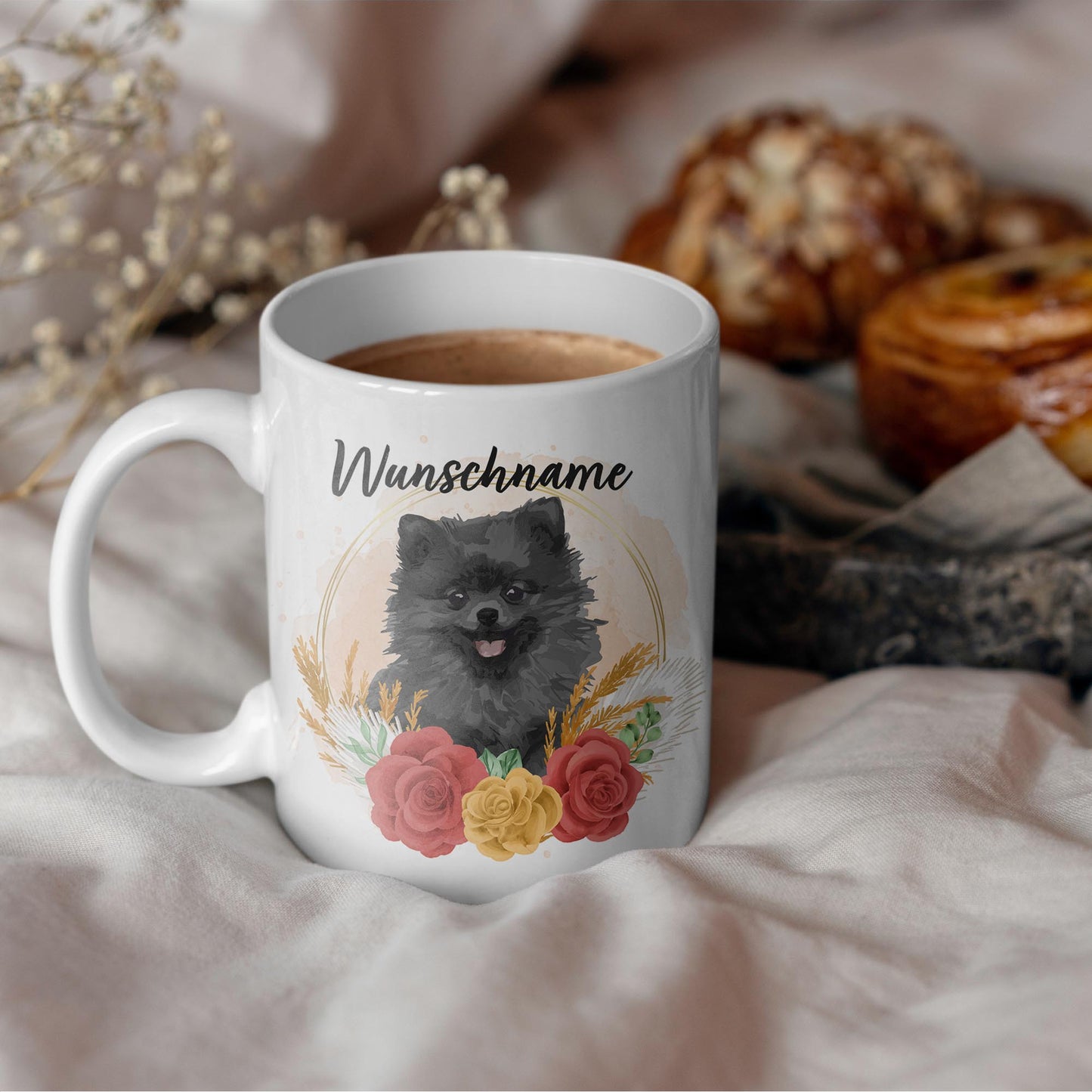 SPENDEN Tasse Personalisiert Spitz / Zwergspitz / MIttelspitz schwarz mit Blumen und Name