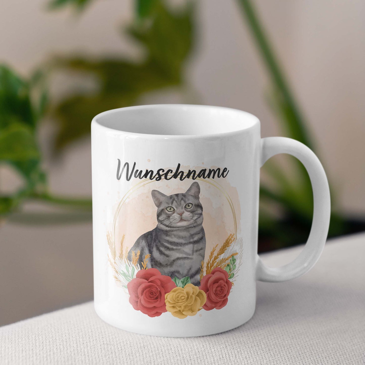 SPENDEN Tasse Personalisierte Tasse Katze Tiger grau mit Blumen und Name