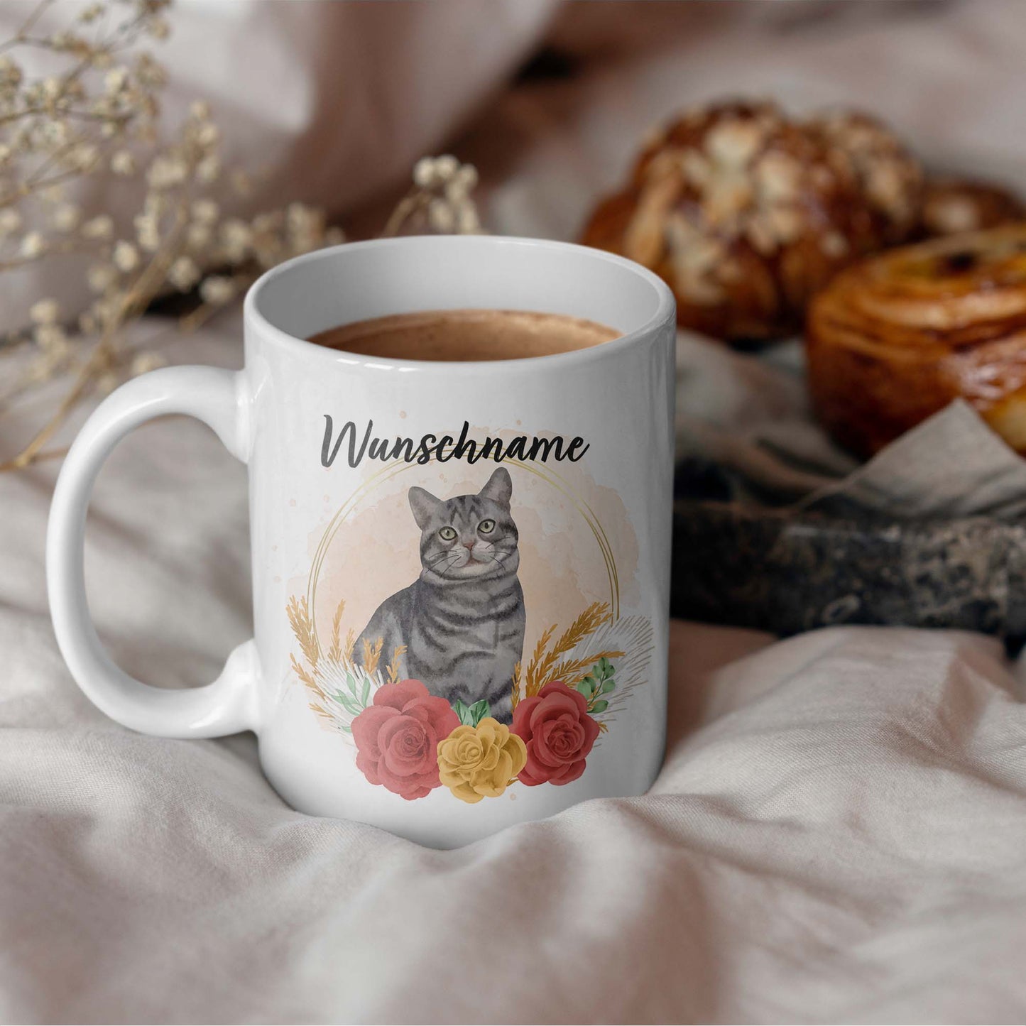 SPENDEN Tasse Personalisierte Tasse Katze Tiger grau mit Blumen und Name