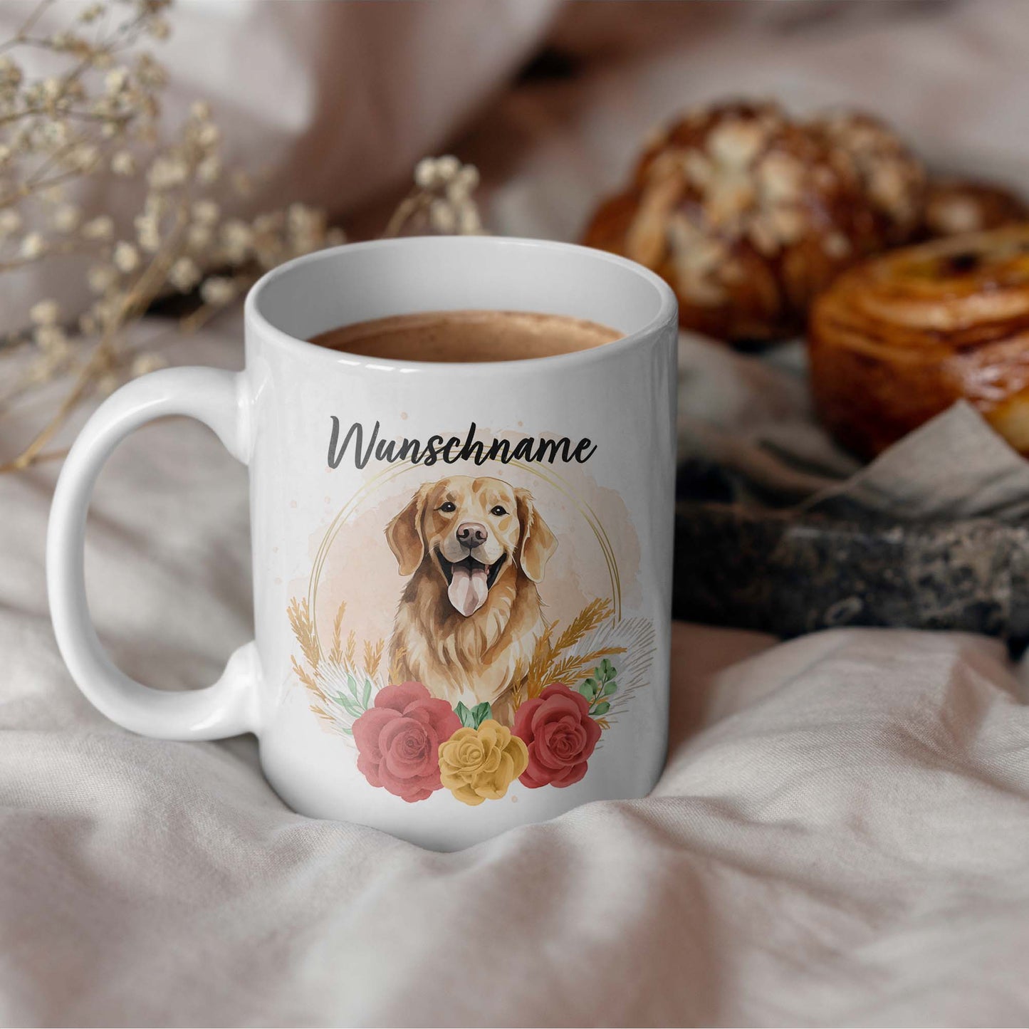 SPENDEN Tasse Personalisiert Golden Retriever mit Blumen und Name