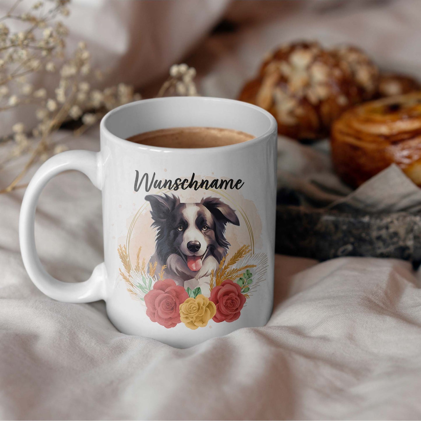 SPENDEN Tasse Personalisiert Border Collie mit Blumen und Name