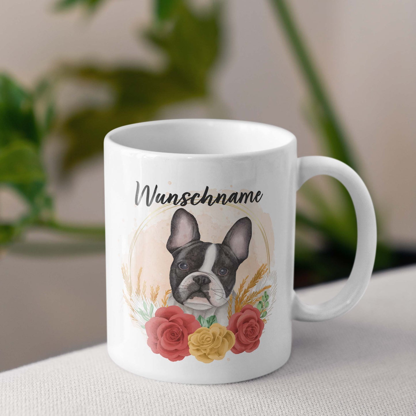 SPENDEN Tasse Personalisiert Französische Bulldogge mit Blumen und Name