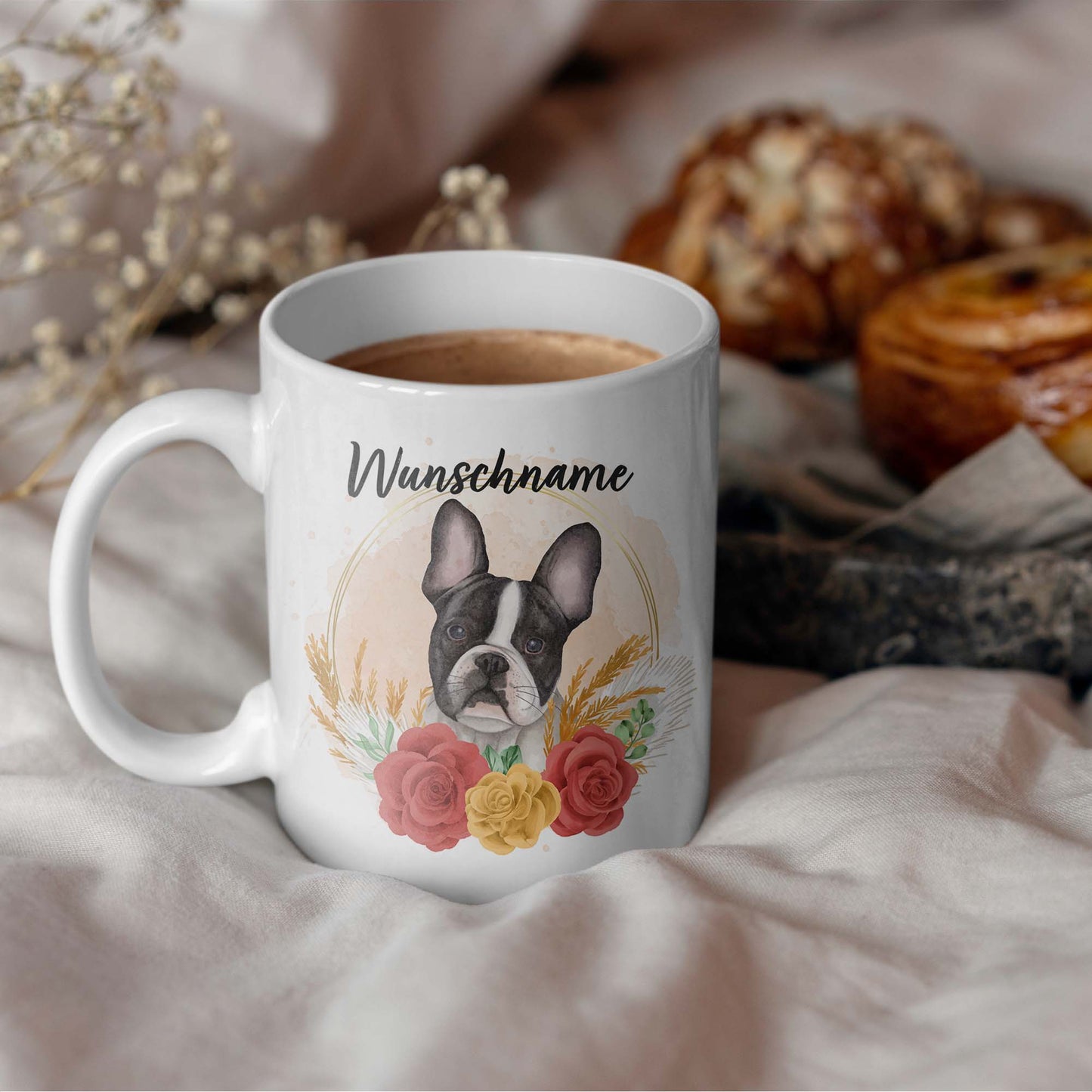 SPENDEN Tasse Personalisiert Französische Bulldogge mit Blumen und Name
