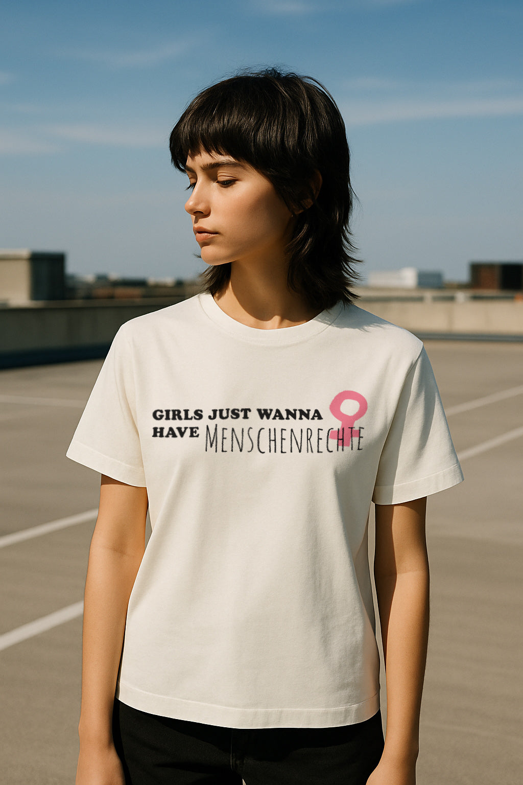 Feministisches Bio T-Shirt – „Girls just wanna have Menschenrechte“ – Statement Shirt für Frauen – Fair Fashion Unisex Shirt aus Bio-Baumwolle