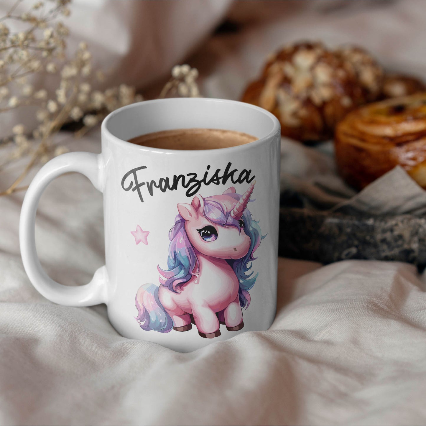 Tasse personalisiert Einhorn in Lila und Pink