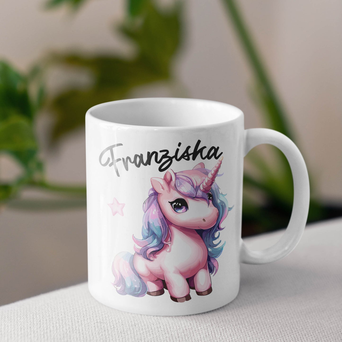 Tasse personalisiert Einhorn in Lila und Pink