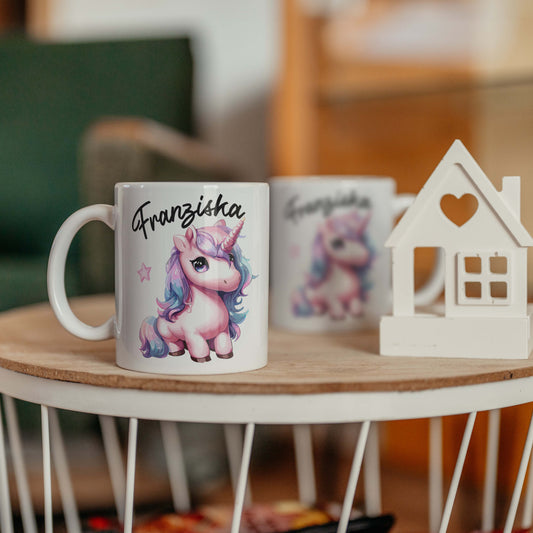 Tasse personalisiert Einhorn in Lila und Pink