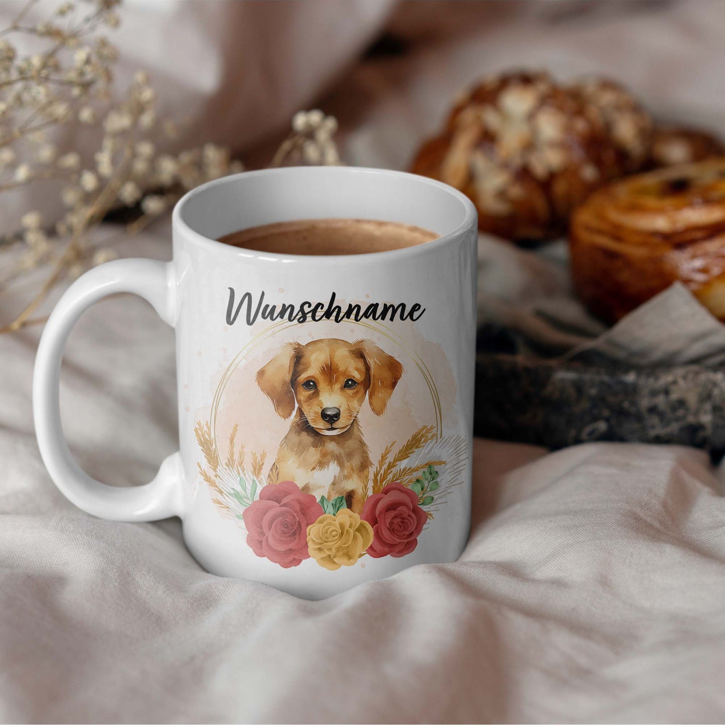 SPENDEN Tasse Personalisierte Tasse Golden Retriever Labrador Welpe blond mit Blumen und Name