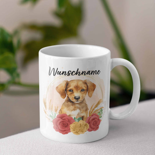 SPENDEN Tasse Personalisierte Tasse Golden Retriever Labrador Welpe blond mit Blumen und Name