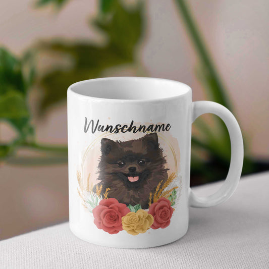 SPENDEN Tasse Personalisiert Tasse Spitz / Zwergspitz / MIttelspitz braun mit Blumen und Name