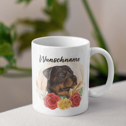 SPENDEN Tasse Personalisiert Tasse Rottweiler mit Blumen und Name