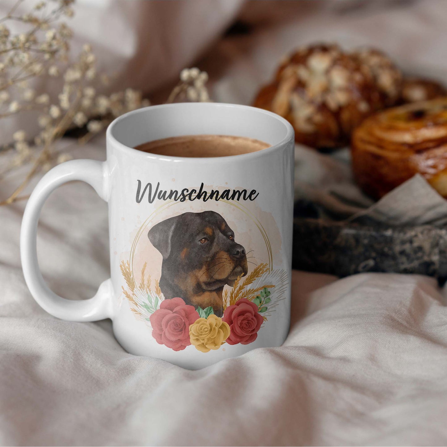 SPENDEN Tasse Personalisiert Tasse Rottweiler mit Blumen und Name