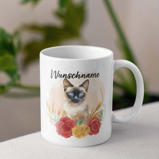 SPENDEN Tasse Personalisierte Tasse Katze Siam mit Blumen und Name