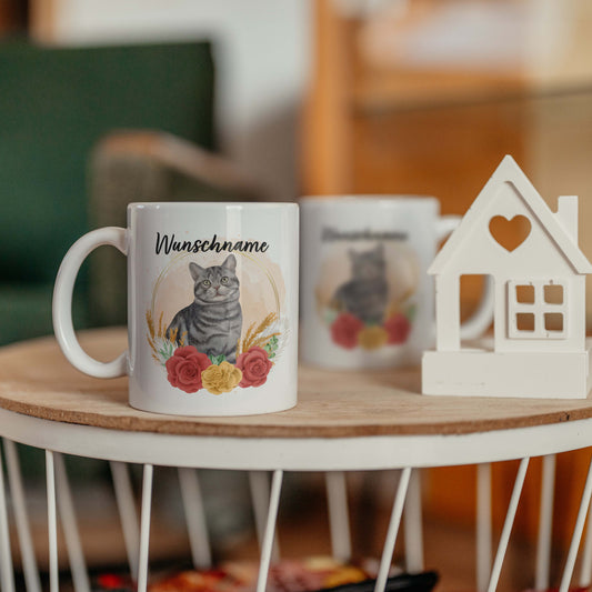 SPENDEN Tasse Personalisierte Tasse Katze Tiger grau mit Blumen und Name