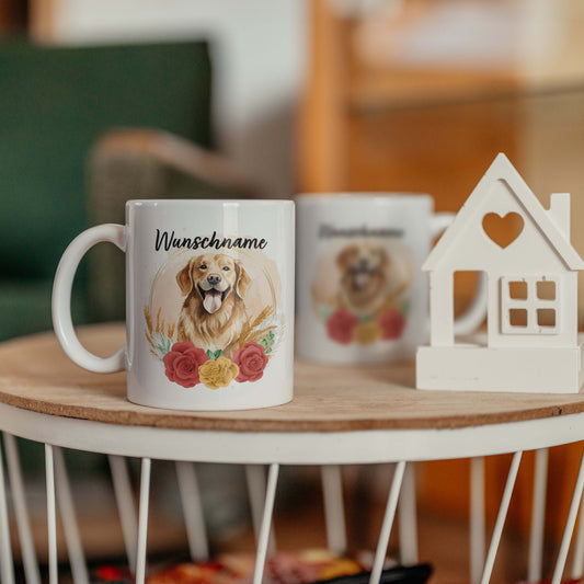 SPENDEN Tasse Personalisiert Golden Retriever mit Blumen und Name