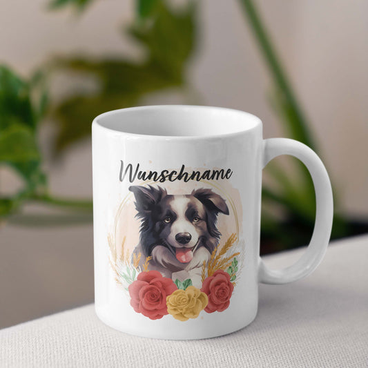 SPENDEN Tasse Personalisiert Border Collie mit Blumen und Name
