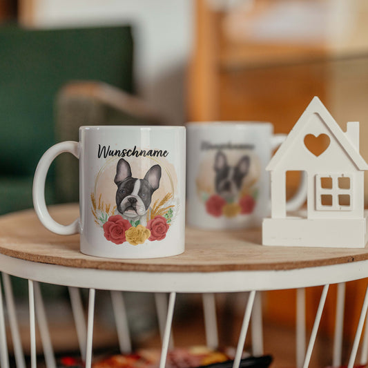 SPENDEN Tasse Personalisiert Französische Bulldogge mit Blumen und Name