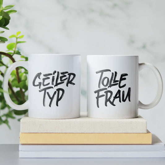 Tassen Pärchen Set "Tolle Frau" + "Geiler Typ" minimalistisch Hochzeitsgeschenk mit Spruch Jahrestag