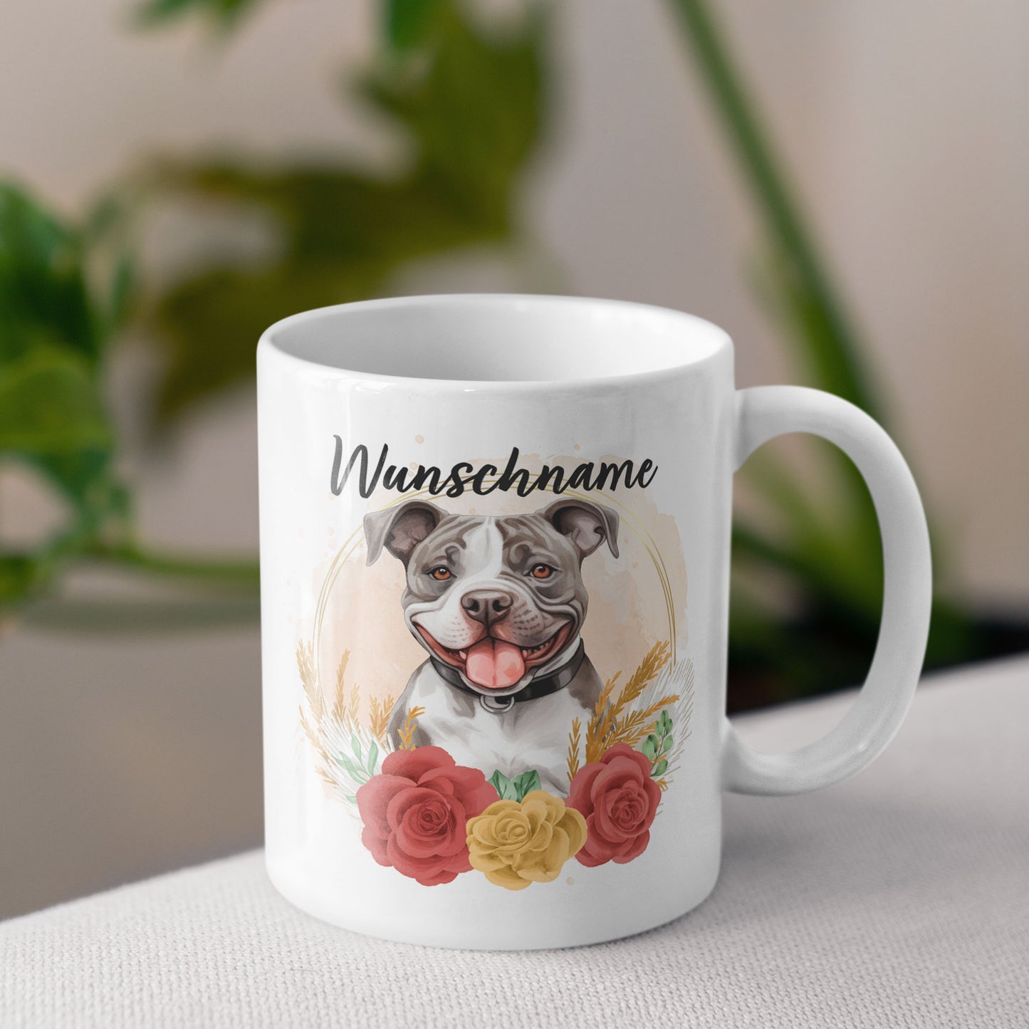 SPENDEN Tasse Personalisierte Tasse American Staffordshire Terrier Amstaff Pittbull grau mit Blumen und Name