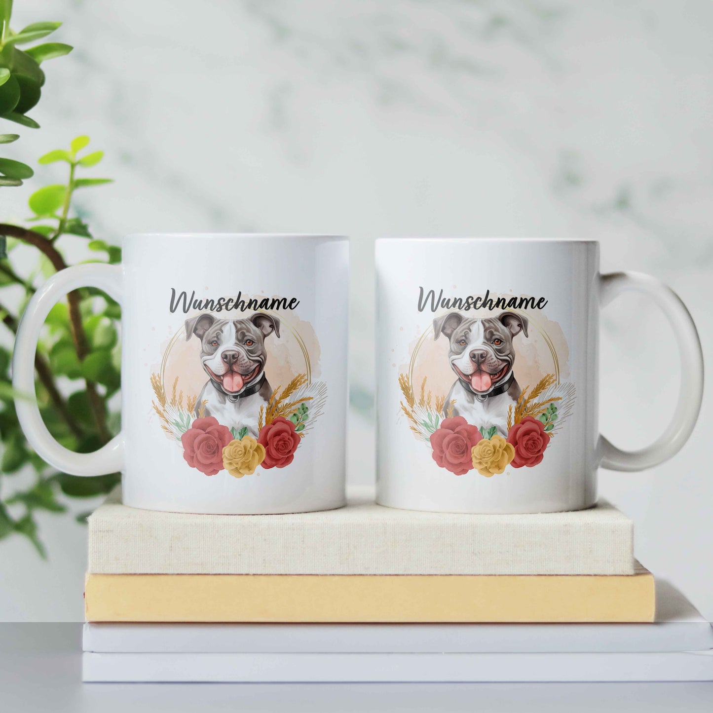 SPENDEN Tasse Personalisierte Tasse American Staffordshire Terrier Amstaff Pittbull grau mit Blumen und Name