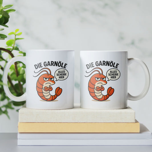 Lustige Statement Tasse Garnöle mit Spruch – Sarkastische Kaffeetasse – Geschenk für Büro & Alltag – Keramiktasse mit Garnele bedruckt